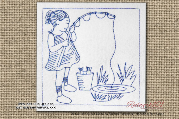 Girl Fishing in Pond Bluework Embroidery Design Review