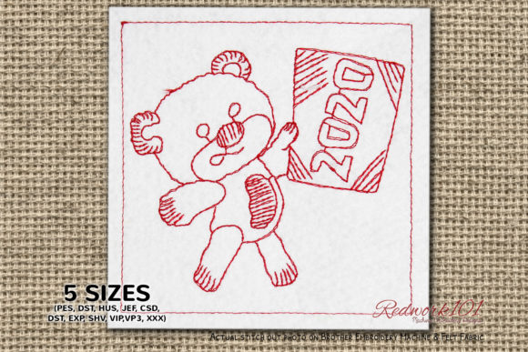 Reviewing Teddy Bear with New Year Card Redwork